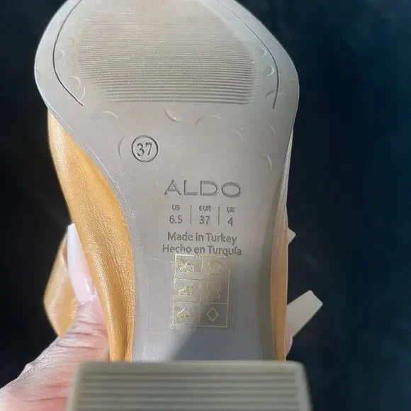 Aldo Camel Leather Heeled Sandals Women’s Size 6.5 Peep Toe Slingback Block Heel - Picture 7 of 8